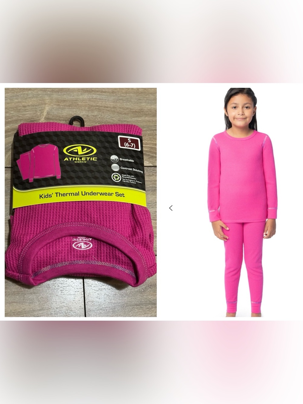 Athletic Works Girls Two-Piece Thermal Waffle Crew Top & Bottom Pink Riot Sz 6/7